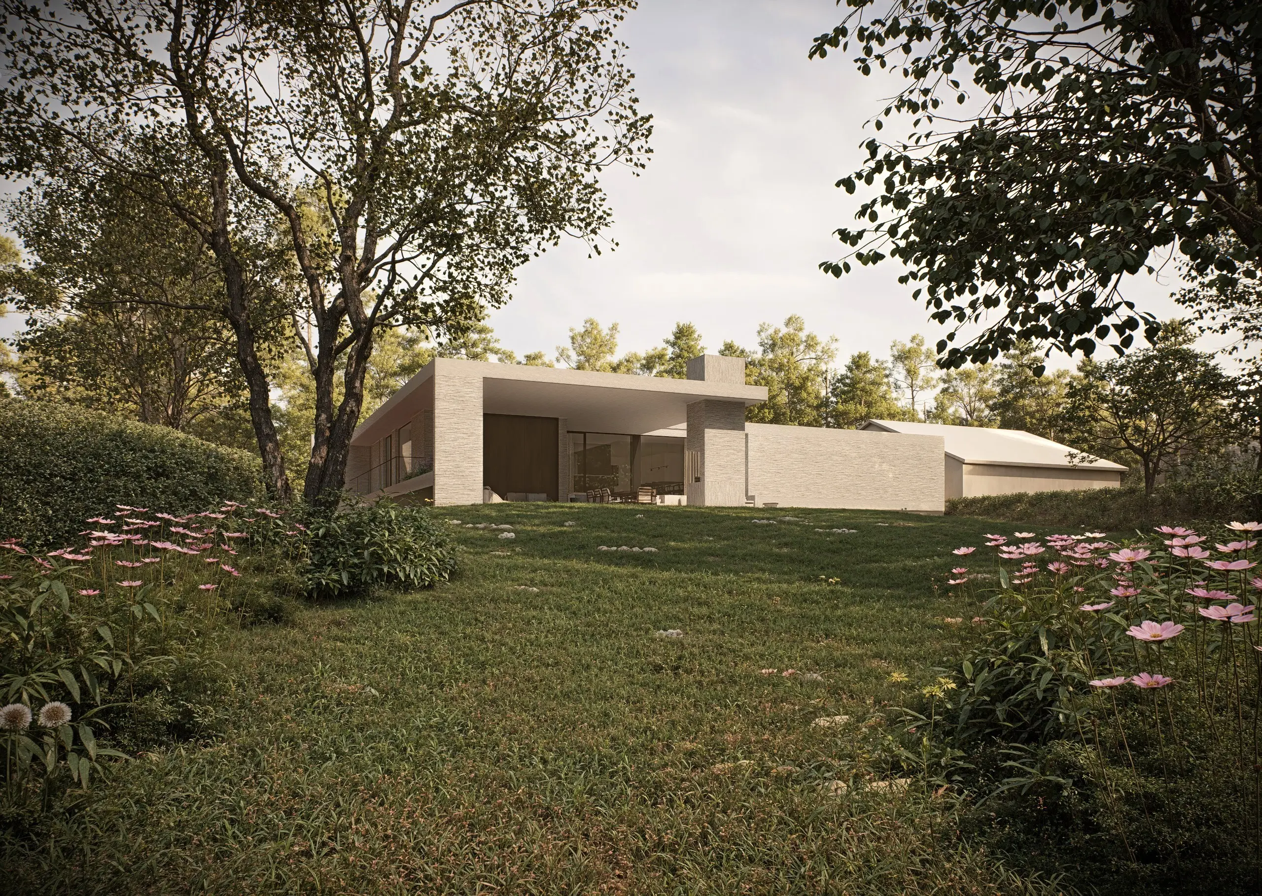 Architecturale render van modernistische villa in renovatie – Westerlo, Studio Anja Vissers