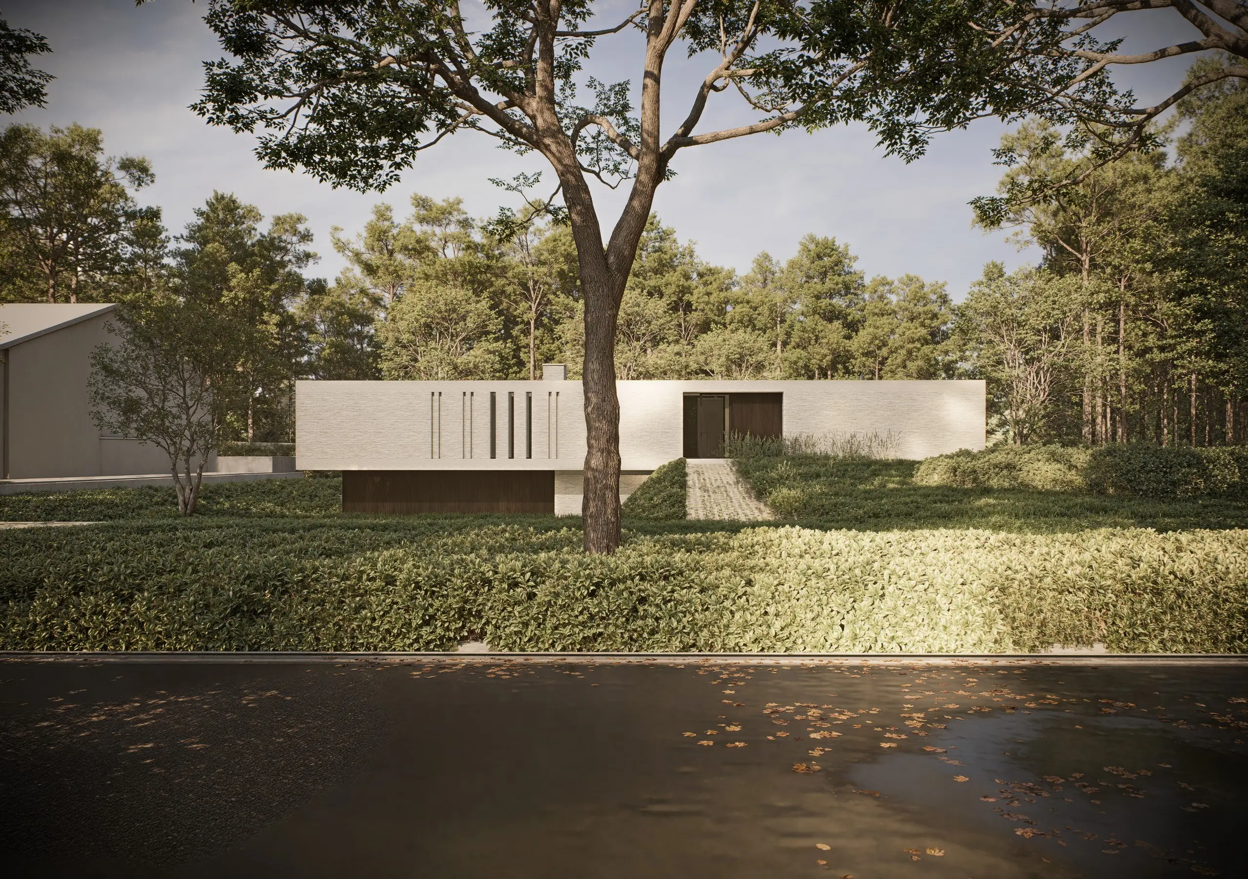 Architecturale render van modernistische villa in renovatie – Westerlo, Studio Anja Vissers