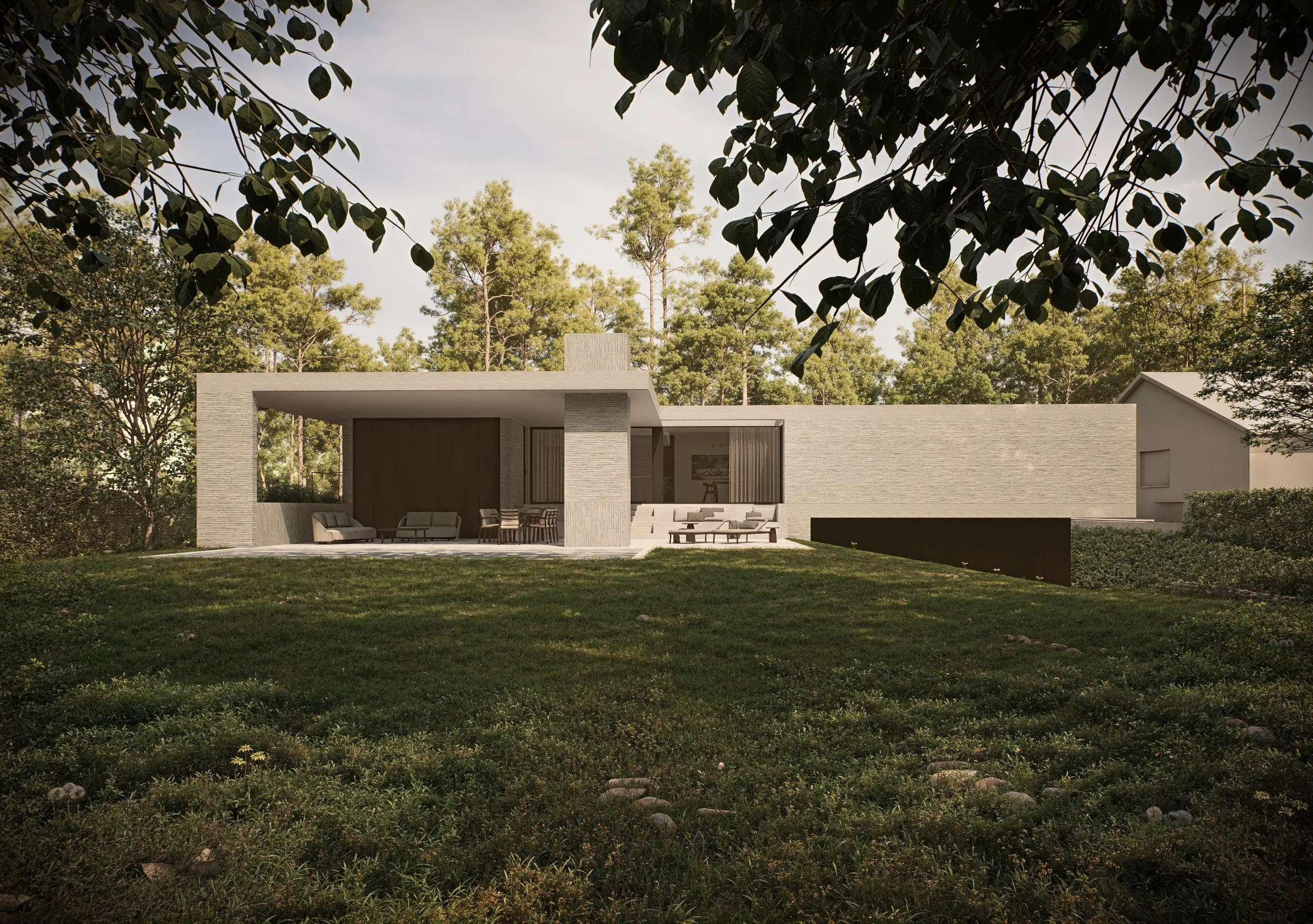 Architecturale render van modernistische villa in renovatie – Westerlo, Studio Anja Vissers