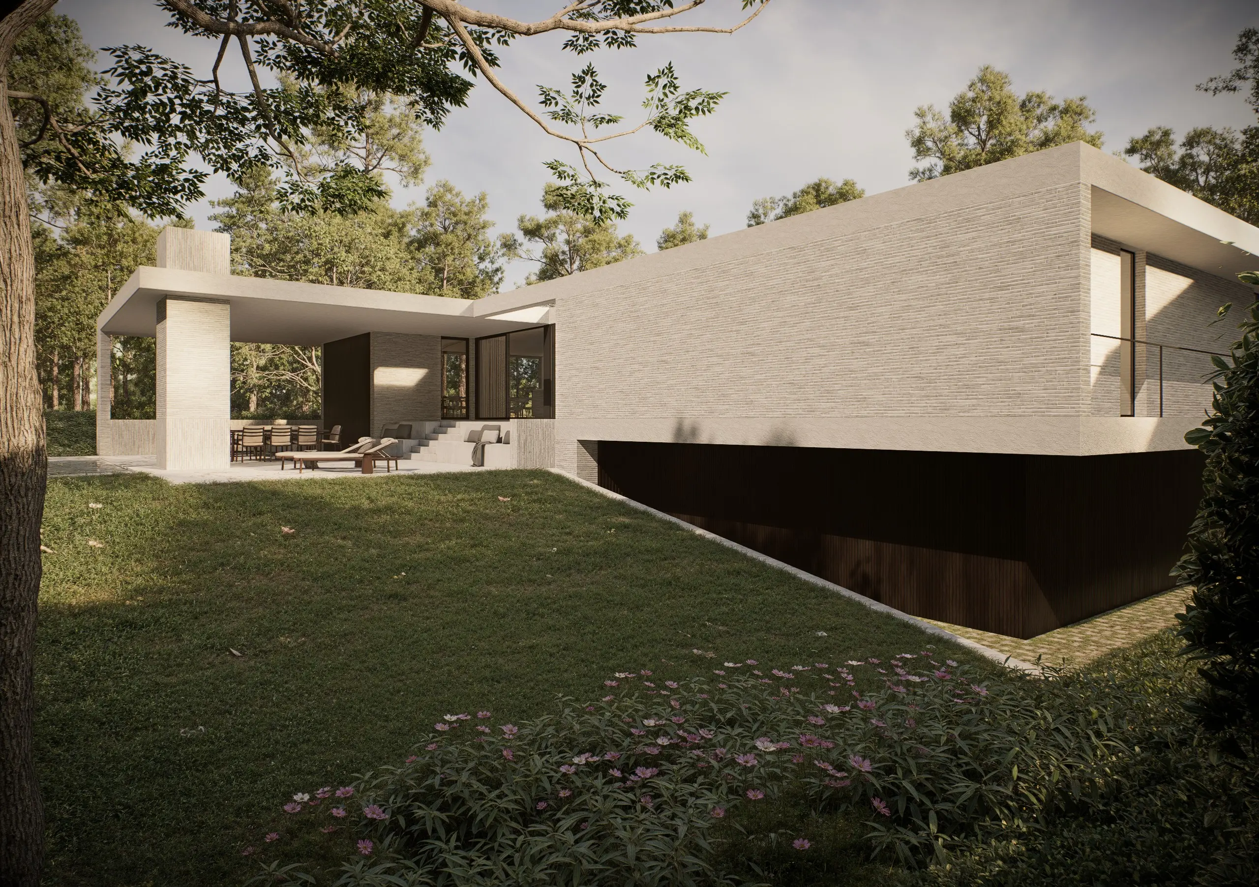 Architecturale render van modernistische villa in renovatie – Westerlo, Studio Anja Vissers