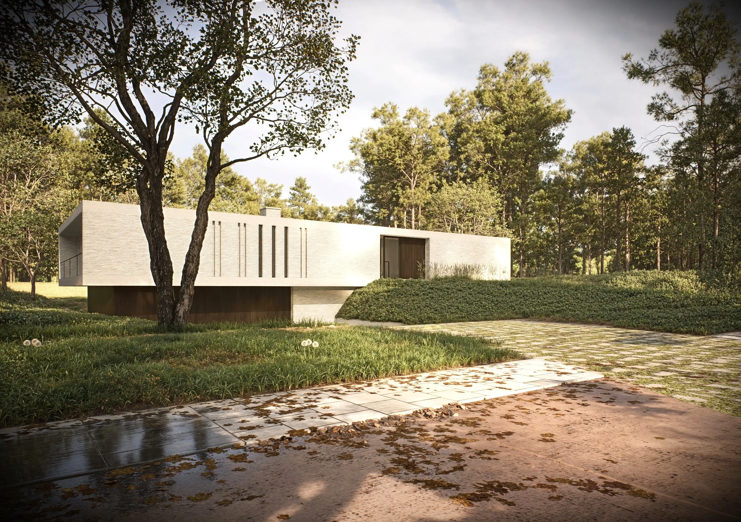 Architecturale render van modernistische villa in renovatie – Westerlo, Studio Anja Vissers