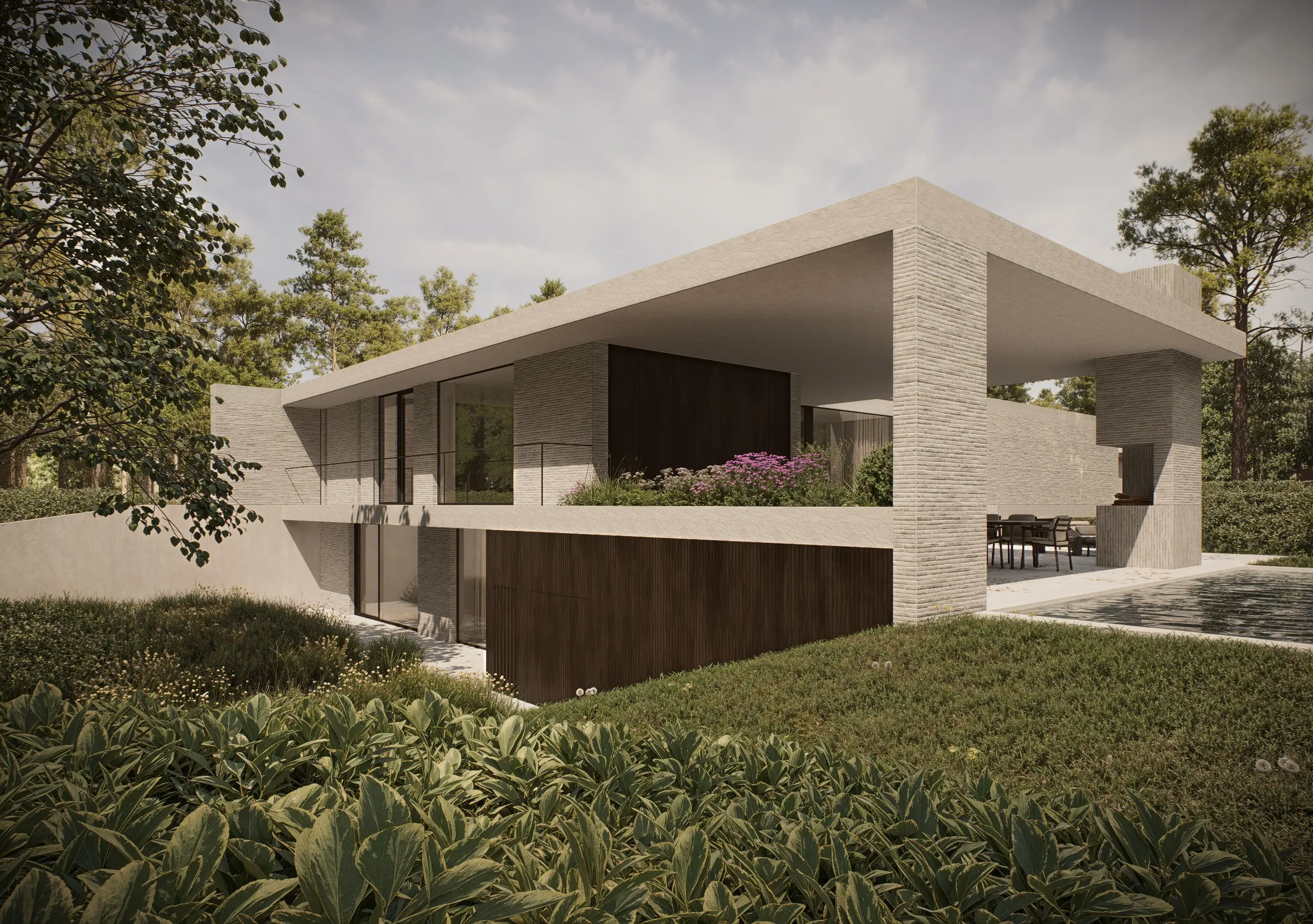 Architecturale render van modernistische villa in renovatie – Westerlo, Studio Anja Vissers