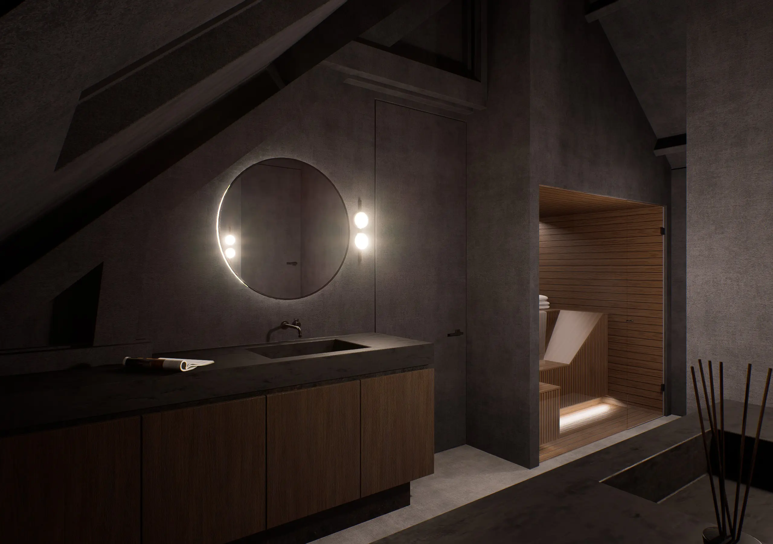 Badkamer met donkere houttinten en minimalistische afwerking