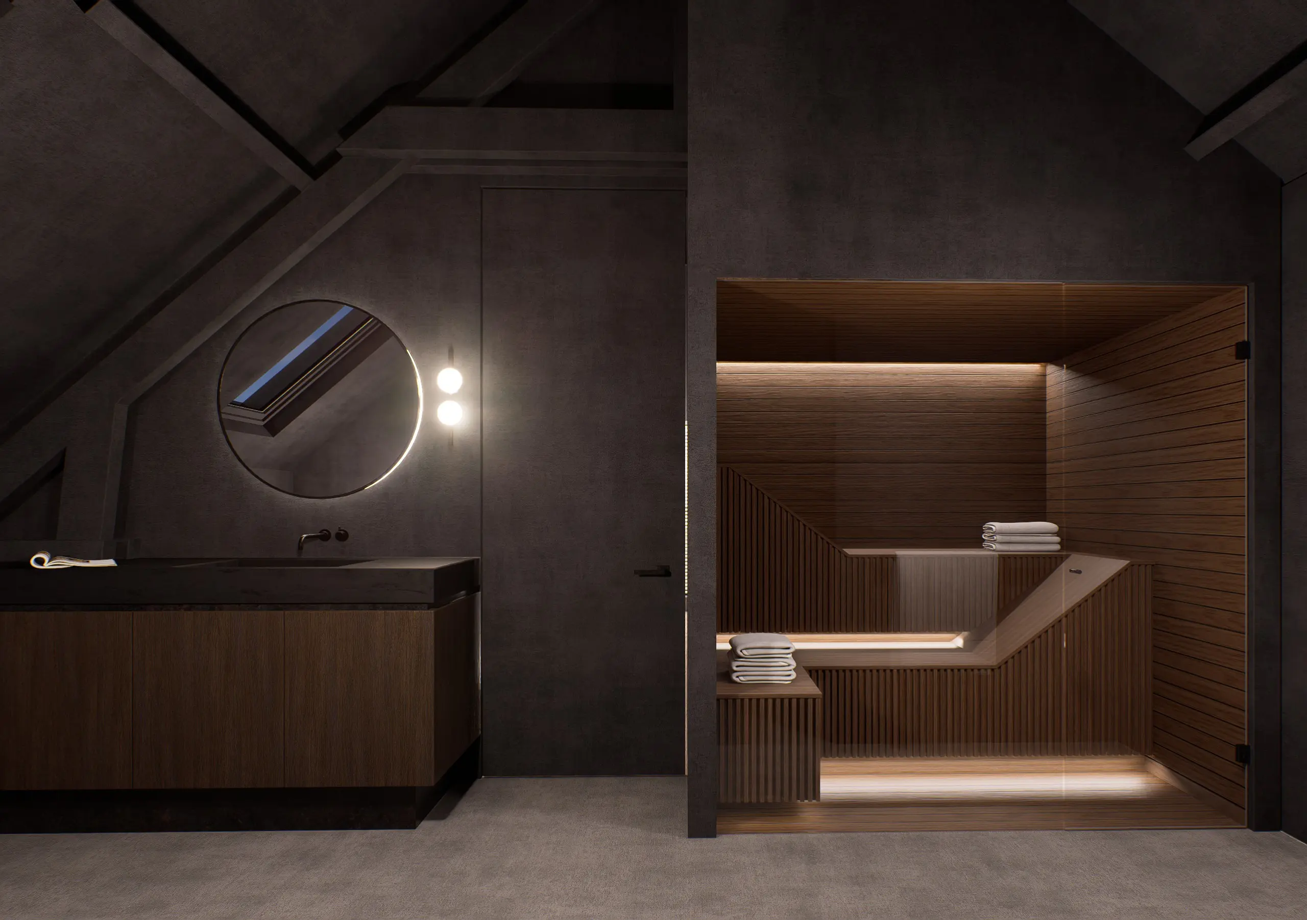 Badkamer met donkere houttinten en minimalistische afwerking