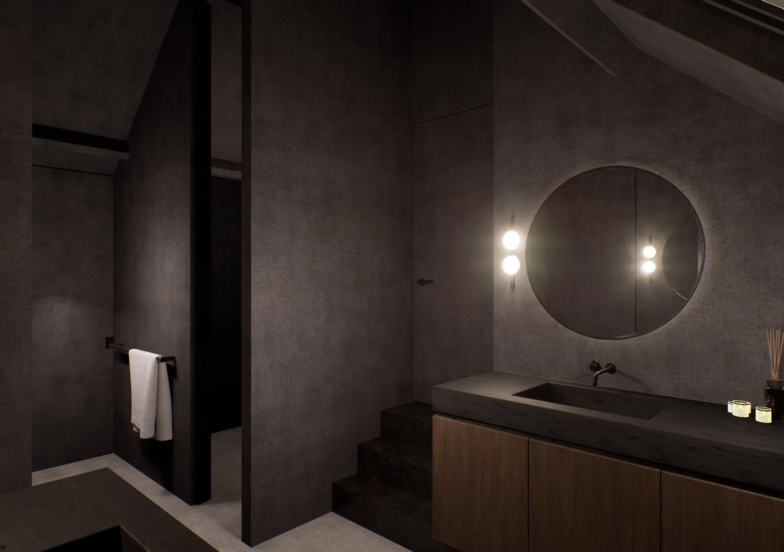 Badkamer met donkere houttinten en minimalistische afwerking
