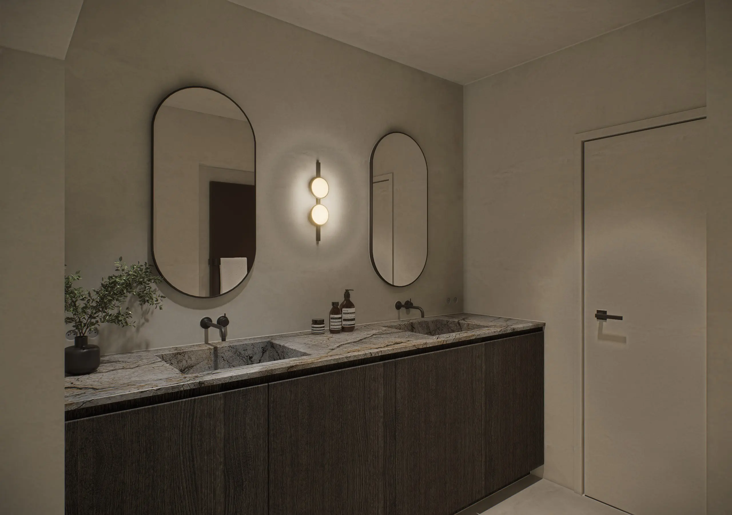 Badkamer met ronde spiegel en indirect licht